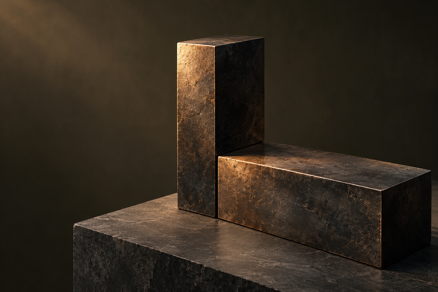 Two sculptural forged bronze forms meeting on a stone plinth